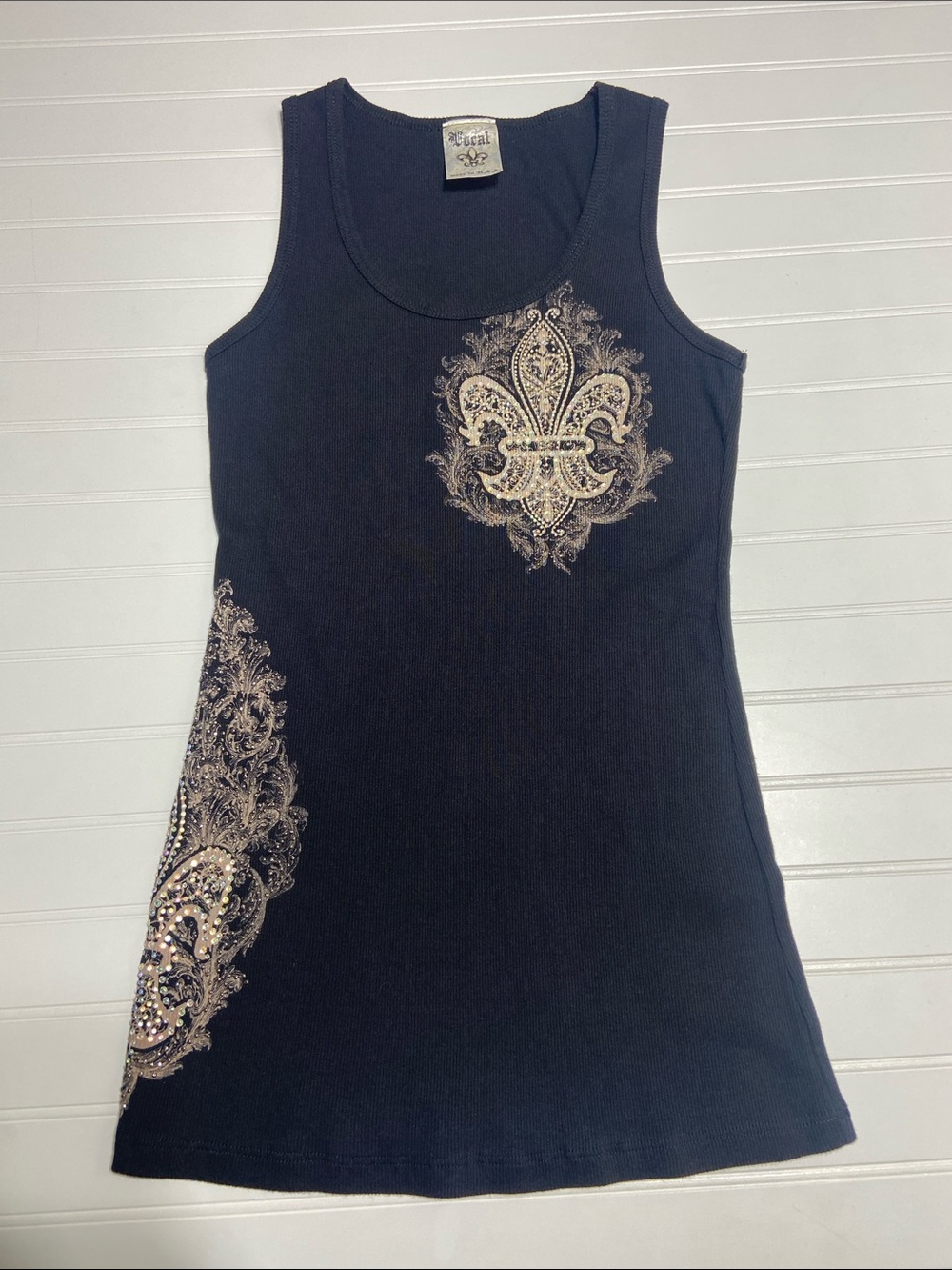 Vocal Black Cotton Tank Rhinestone Fleur-de-lis Size XL Y2K Biker-Chic USA Made